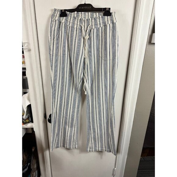 Roxy Women's Oceanside Yarn Dye Pant blue and white striped cotton/linen. - Picture 3 of 10